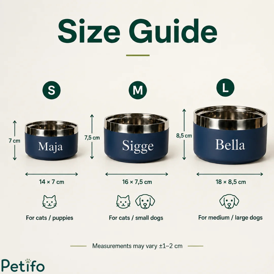 Detailed size chart infographic outlining small, medium, and large dimensions and measurements for personalized stainless steel pet bowls.