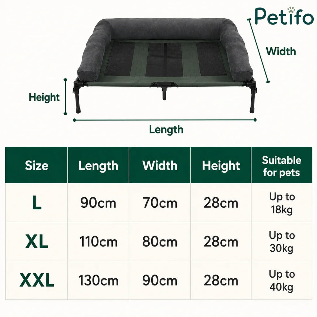 Detailed size chart for Petifo elevated dog beds, showing dimensions and weight capacities for L, XL, and XXL sizes.