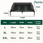 Detailed size chart for Petifo elevated dog beds, showing dimensions and weight capacities for L, XL, and XXL sizes.