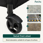 Detailed view of the 360-degree swivel front wheel on a pet stroller with shock absorption for multiple terrain types