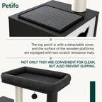 Detailed view of a Petifo cat tree showing a detachable top perch cover and scratch-resistant, non-slip mats on wooden platforms for added safety and easy cleaning.