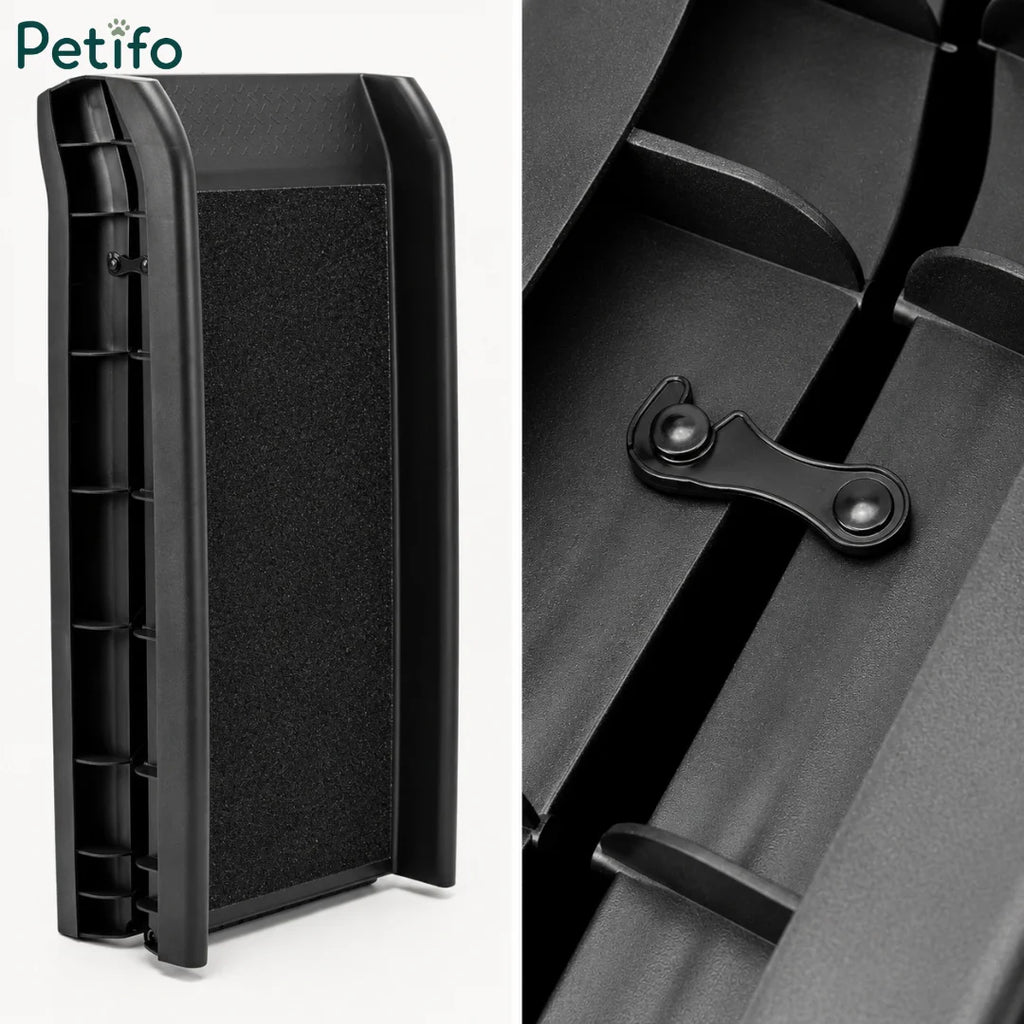 Detailed view of the heavy-duty hinge and integrated handle on the foldable pet car ramp.