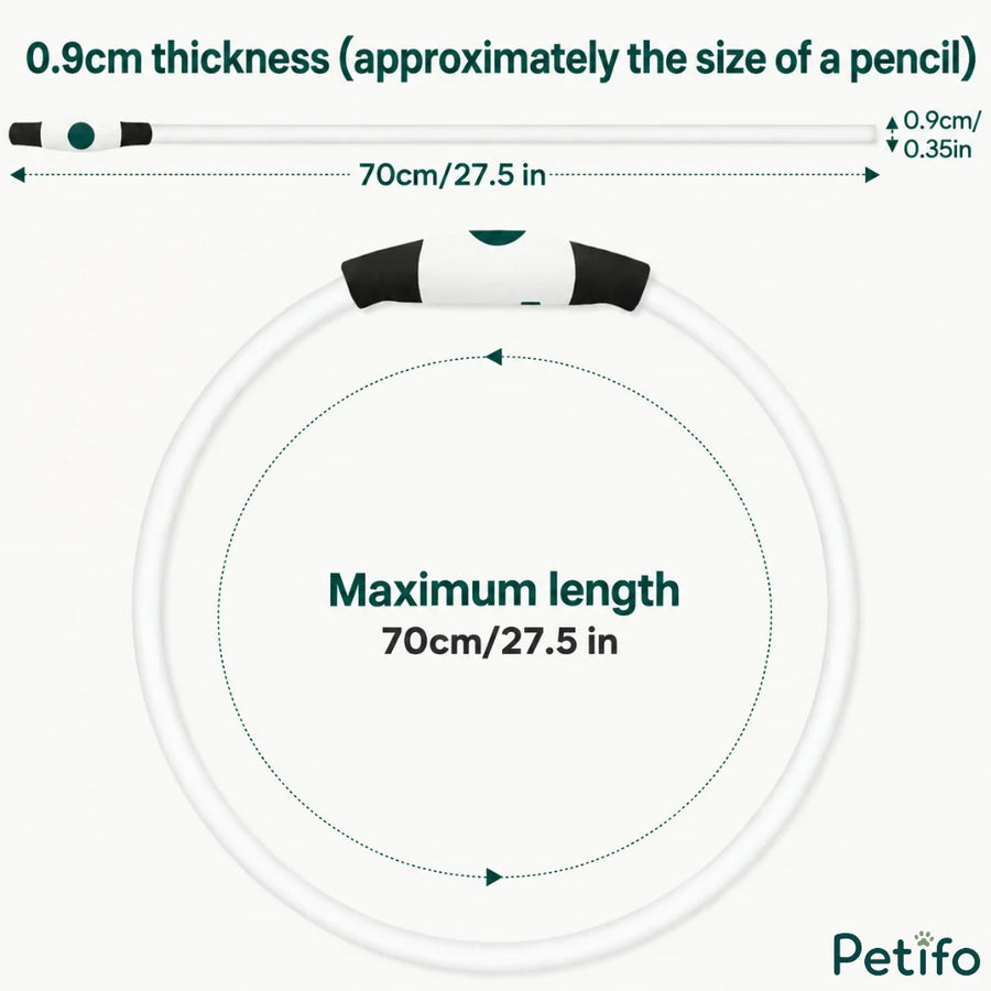 Mål- og dimensionsdiagram af det lysende hundehalsbånd, der viser en maksimal længde på 70 cm og en tykkelse på 0,9 cm.