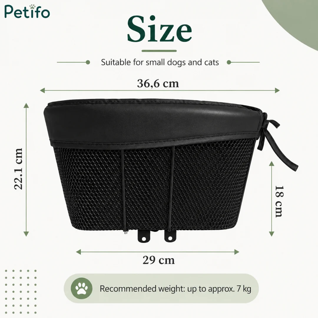 Sizing and dimension infographic for the Petifo pet bike basket showing measurements of 36.6 cm length, 22.1 cm height, and a recommended pet weight capacity up to 7 kg.