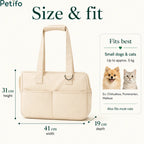 A product dimension and fit guide graphic for the Petifo pet carrier showing its height, width, and depth measurements alongside recommended small dog breeds like Chihuahuas and Pomeranians.