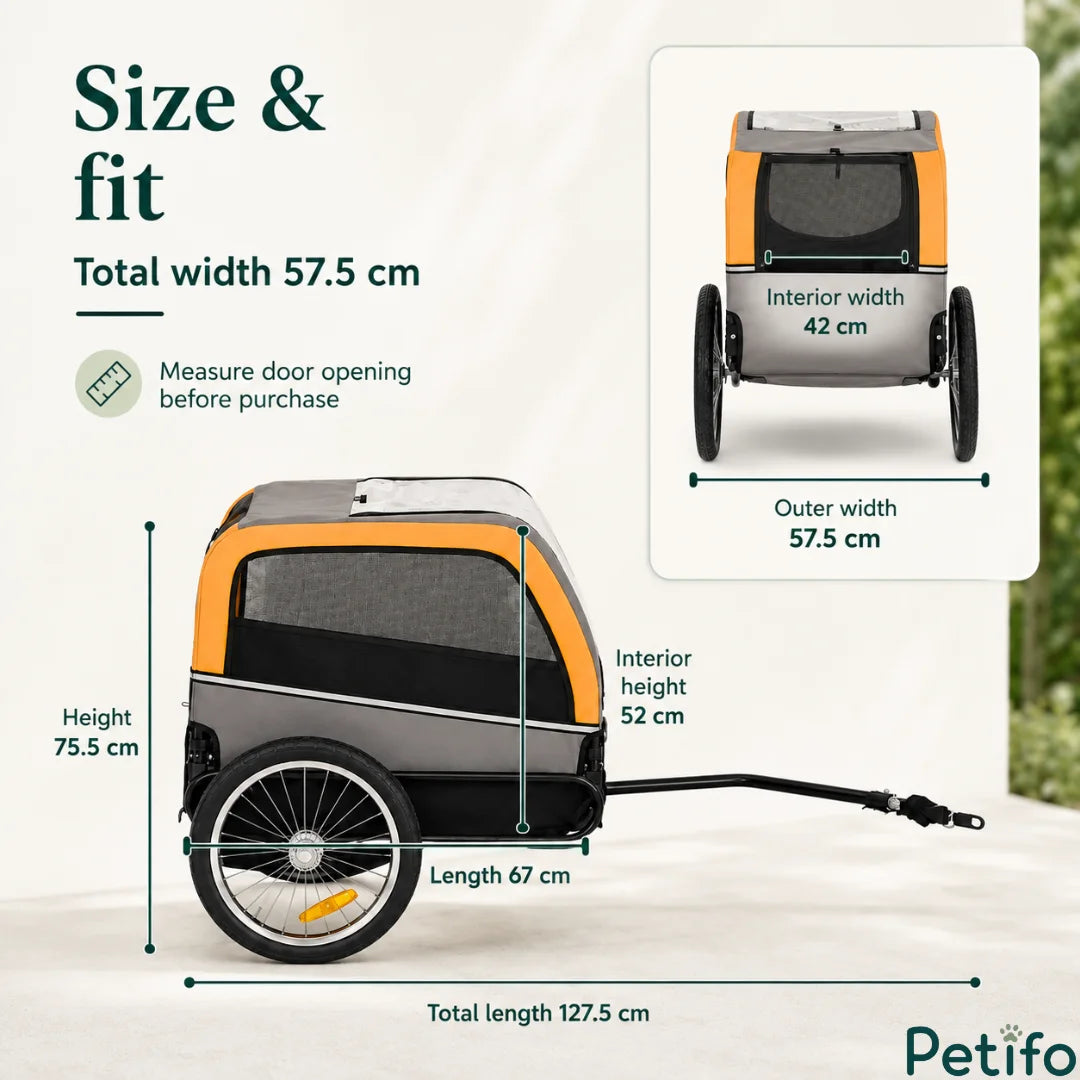 Size and dimension specifications overlay diagram for the grey and orange dog bike trailer showing width, height, and length measurements.