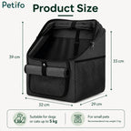 Dimensions and sizing infographic for the Petifo pet bike basket suitable for small pets up to 5 kg.