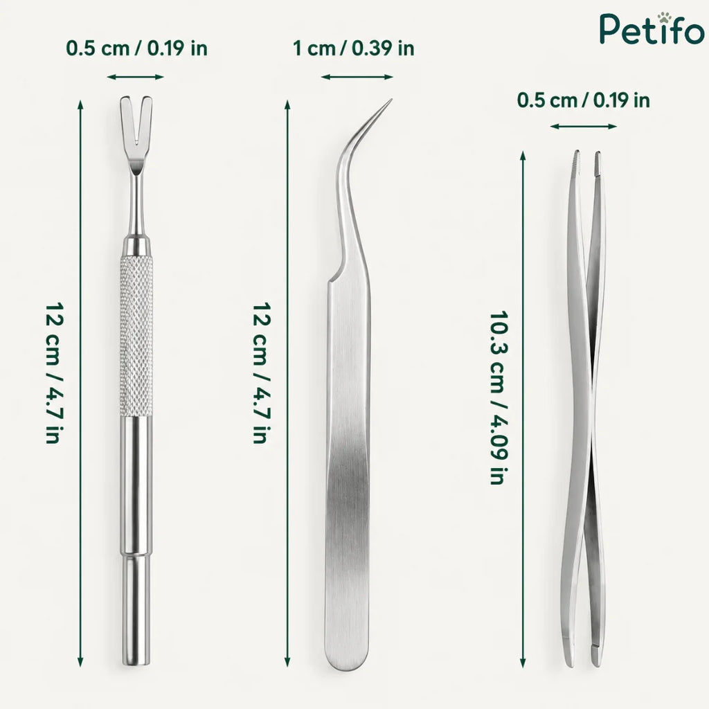 Detailed length dimensions in centimeters and inches for three stainless steel tick removal instruments.