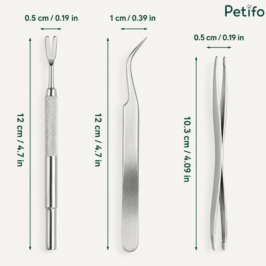 Detailed length dimensions in centimeters and inches for three stainless steel tick removal instruments.
