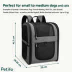 Dimensions of the gray pet backpack showing a height of 42.7 cm, width of 32 cm, and depth of 28.95 cm.