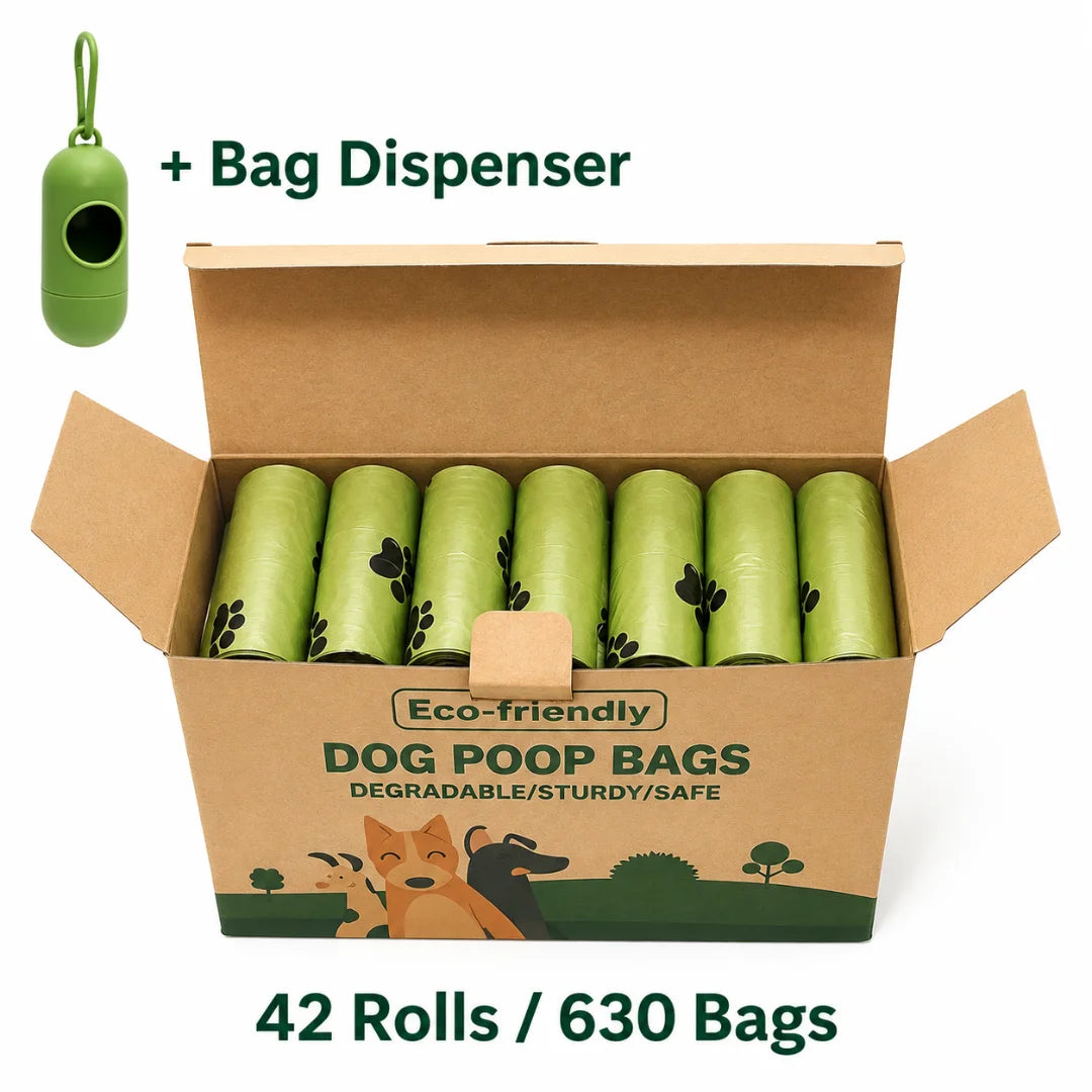 Value pack display featuring a box of 42 rolls containing 630 degradable dog poop bags with a dispenser.