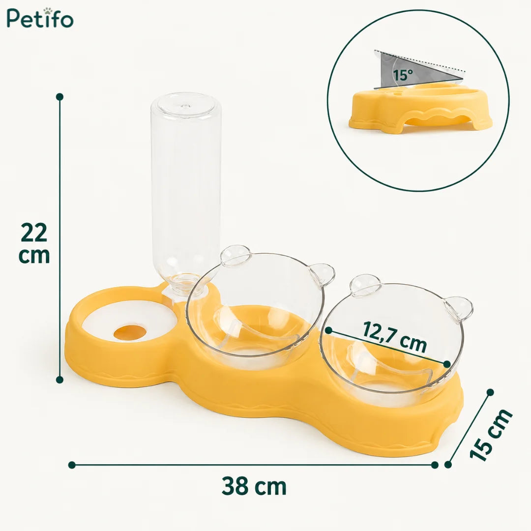 Dimension guide for the yellow Petifo automatic pet water dispenser and double bowl set measuring 38cm by 15cm by 22cm with a 15-degree tilt.