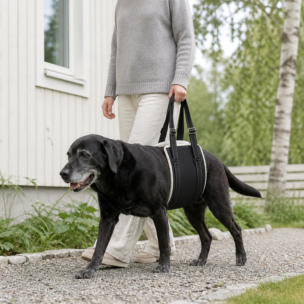 DogHalo Rear Lift Harness supporting a senior black Labrador on a Nordic garden walk - Petifo