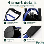 Four-feature breakdown detailing the ergonomic handle, double springs, large scoop capacity, and durable ABS construction.