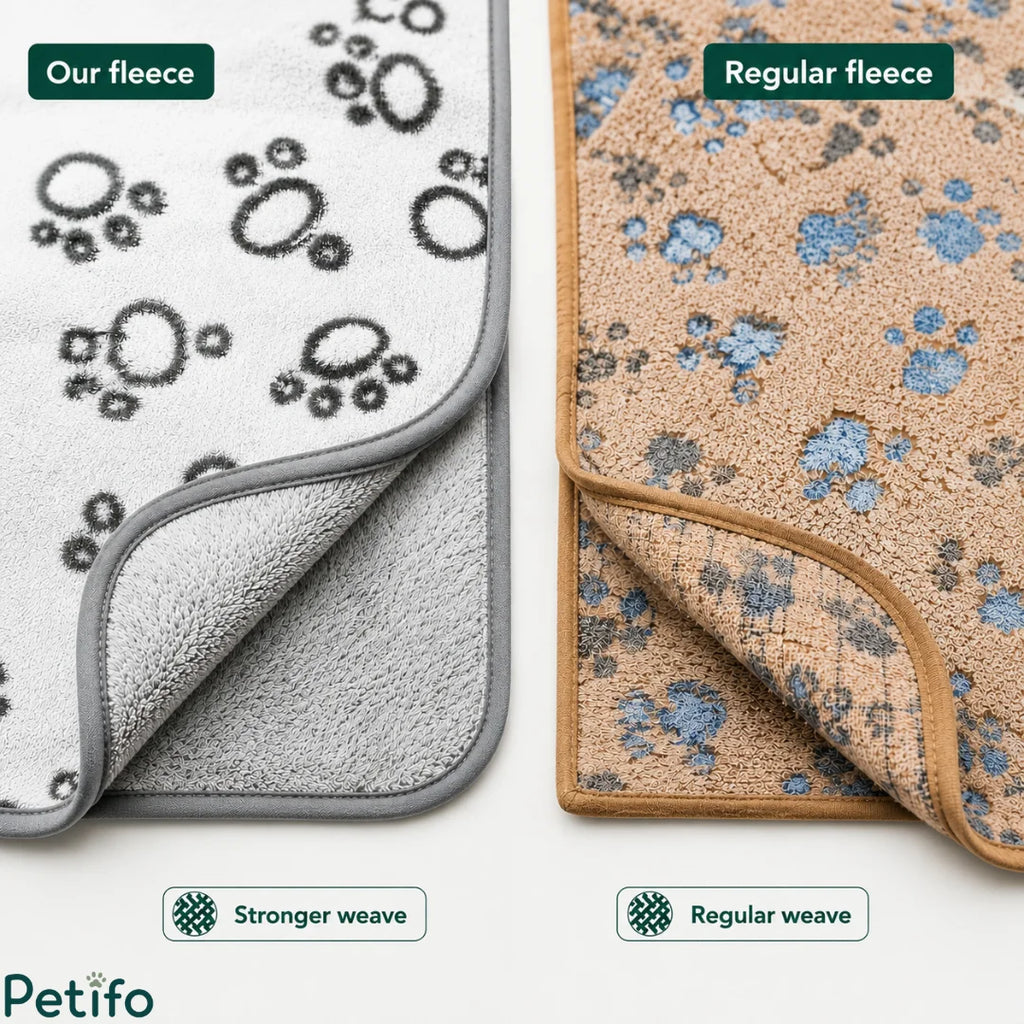 Fabric comparison close-up showing the durable stronger weave of the premium fleece next to a regular weave material.