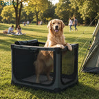 Golden Retriever standing proudly inside a durable dark grey mesh pet crate set up on a sunny park lawn.