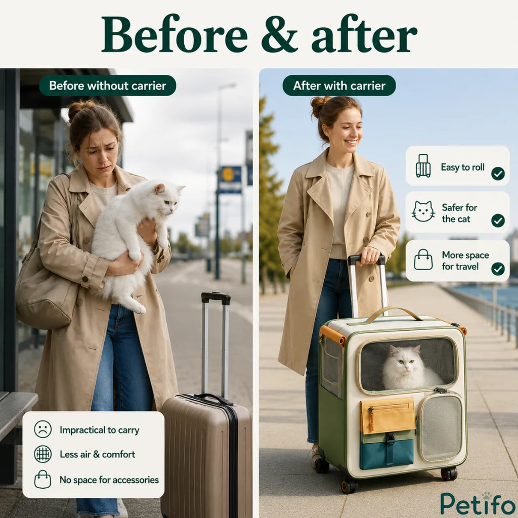 Before and after comparison demonstrating how much easier it is to transport a cat using a rolling pet carrier instead of holding it by hand.