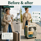 Before and after comparison demonstrating how much easier it is to transport a cat using a rolling pet carrier instead of holding it by hand.