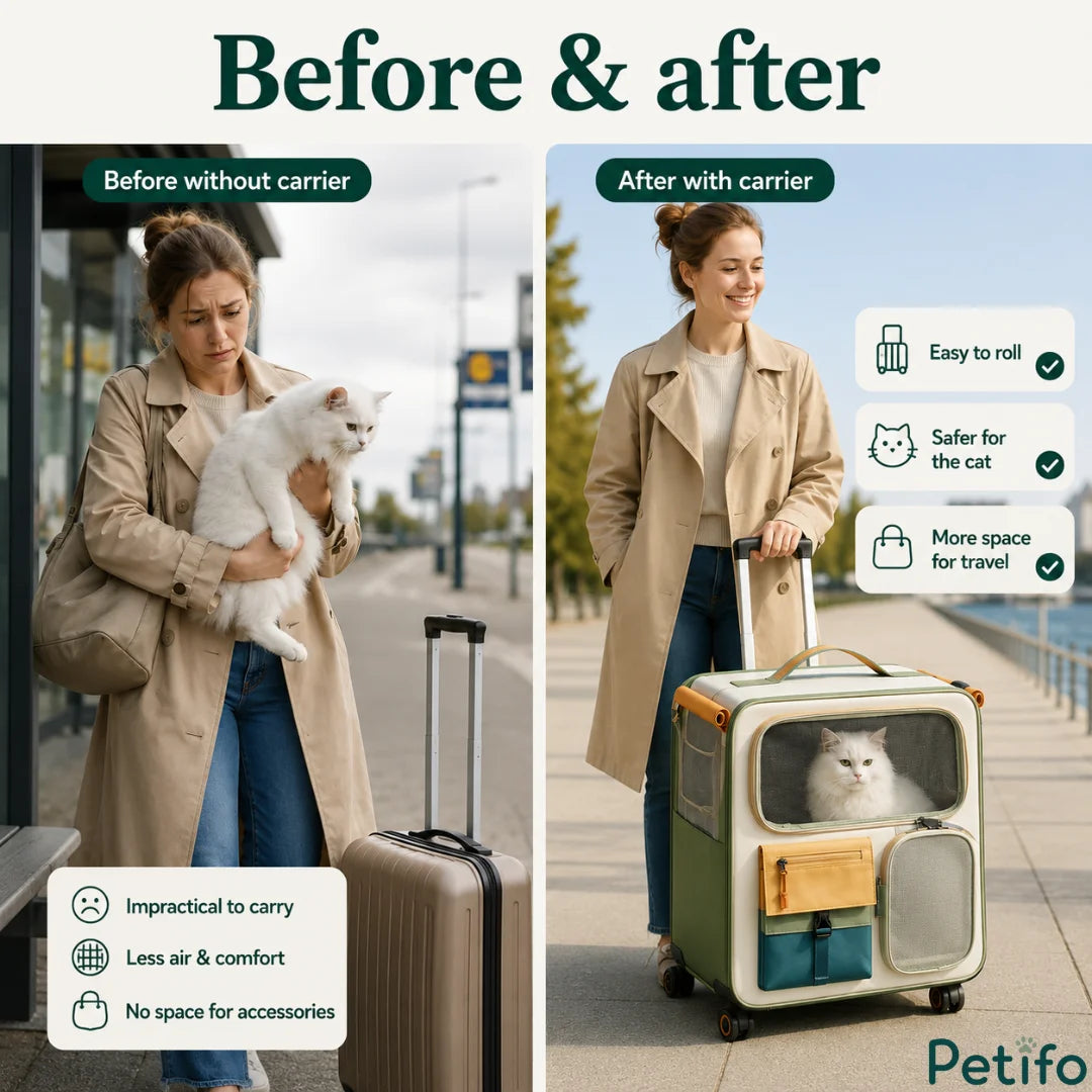 Before and after comparison demonstrating how much easier it is to transport a cat using a rolling pet carrier instead of holding it by hand.