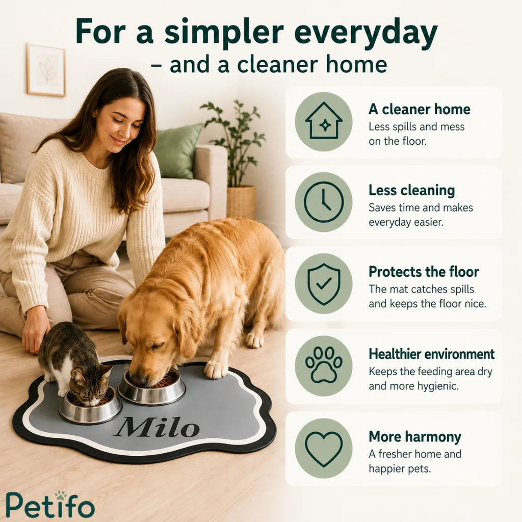 Happy owner relaxing in a living room while her dog and cat eat peacefully from personalized name feeding mats.