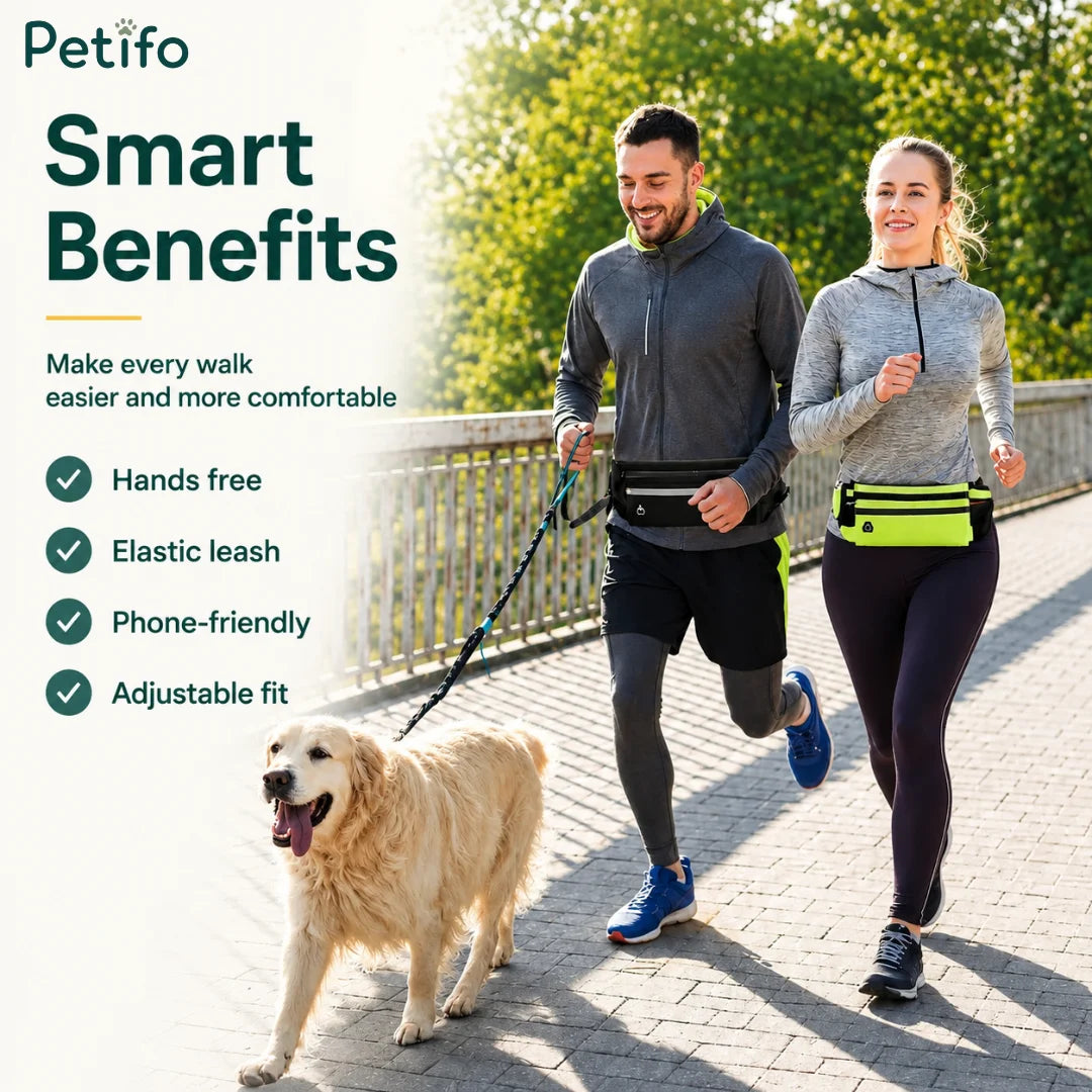 Couple running together outdoors with their dog, showcasing the smart benefits of a hands-free running belt and elastic leash.