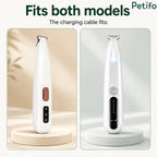 Two white electric pet hair trimmer models displayed side-by-side on neutral stands with a compatibility label.