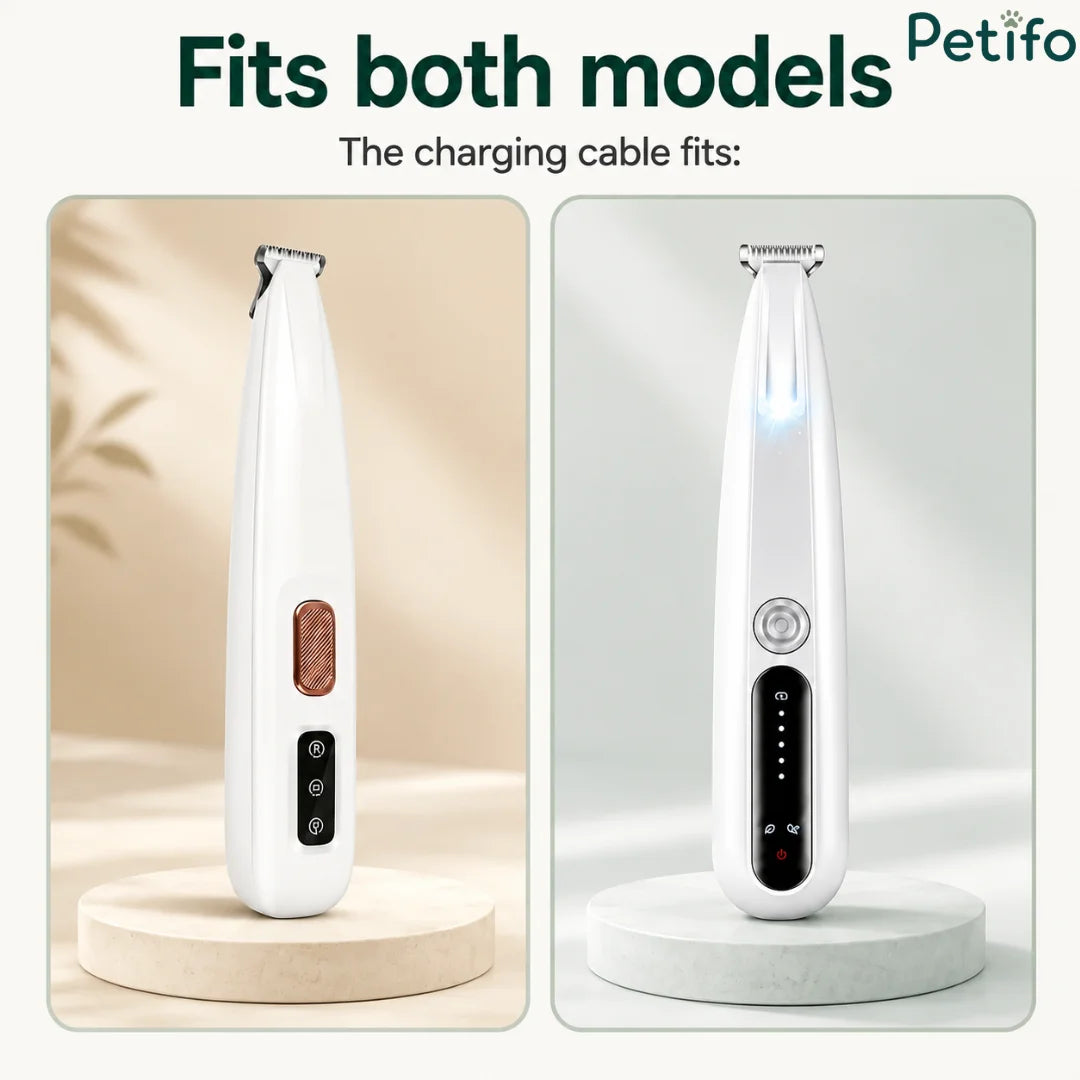 Two white electric pet hair trimmer models displayed side-by-side on neutral stands with a compatibility label.