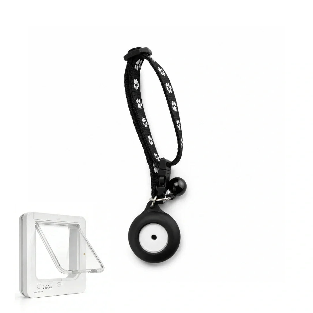 Black paw-print cat collar strap paired with an electronic microchip sensor tag and a matching white smart pet door.