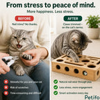 Emotional contrast comparison showing the stress of traditional nail clipping versus the calm happiness of natural claw wear during play.