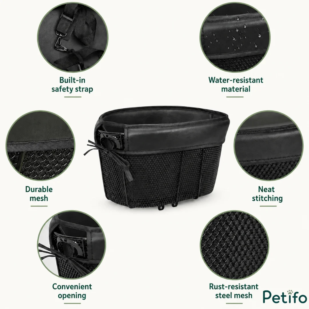 Feature breakdown infographic showcasing the Petifo basket's water-resistant material, rust-resistant steel mesh, durable construction, and neat stitching.