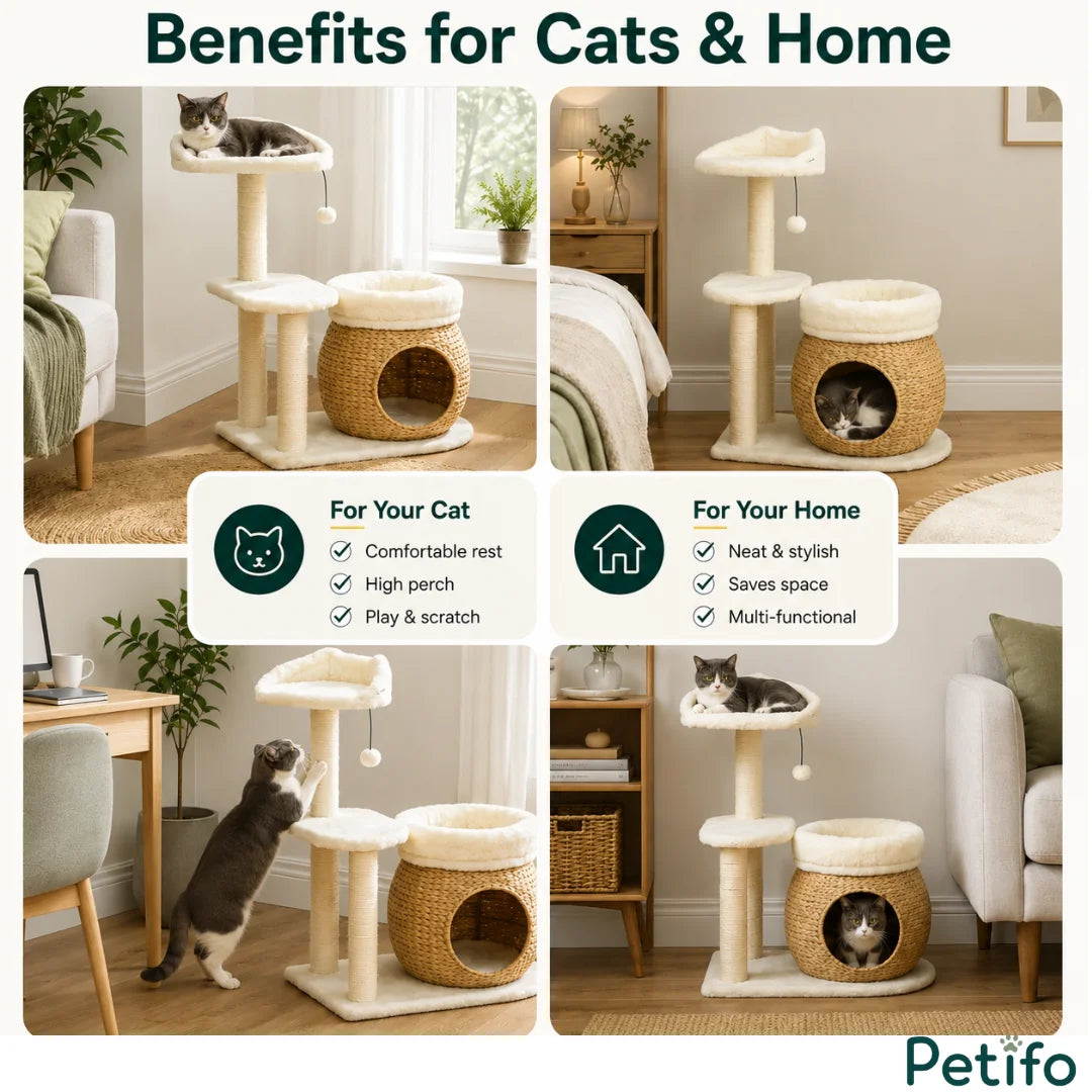 Multi-panel showcase highlighting the practical benefits of the multi-level cat tree for feline comfort and home aesthetics.