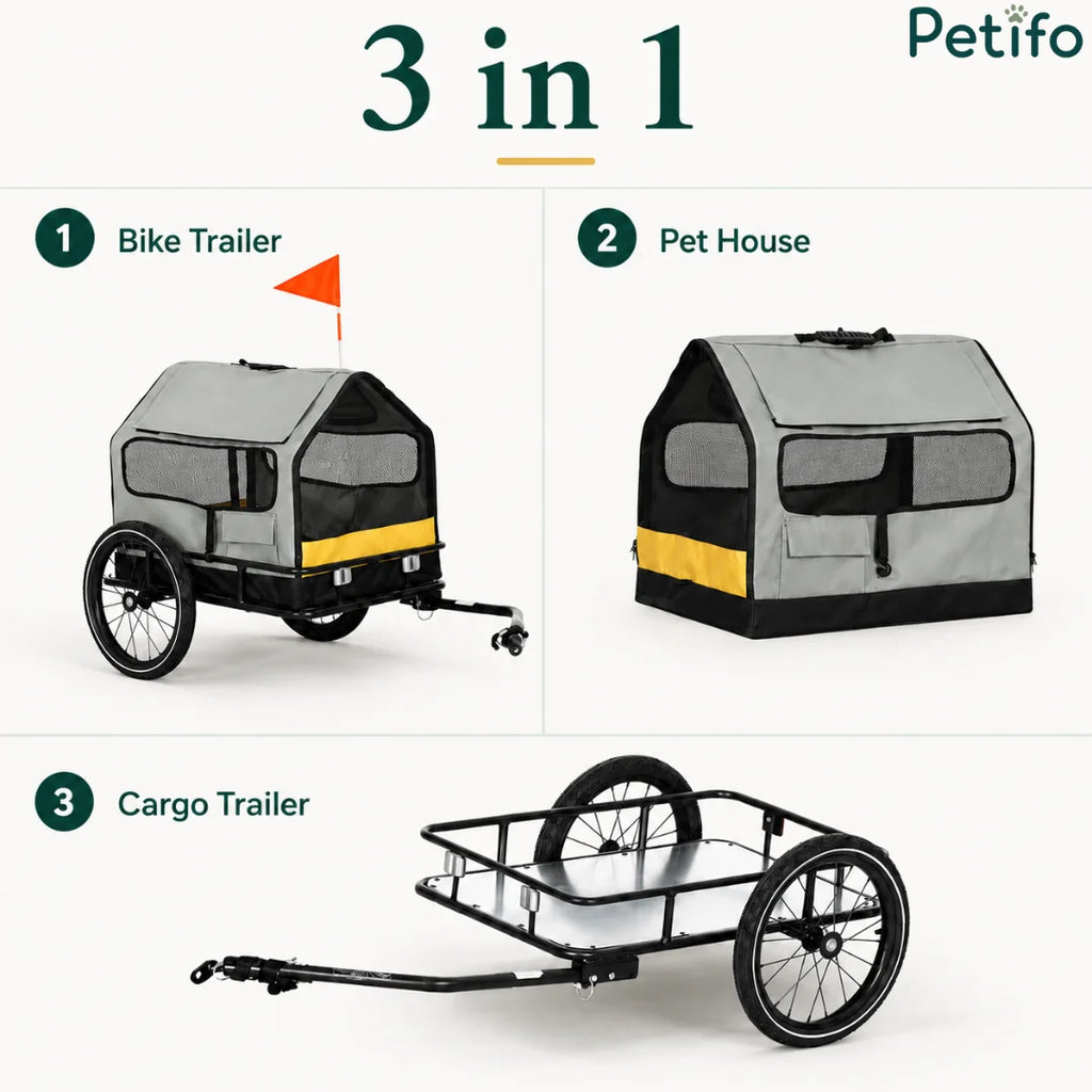 Three conversion modes showcasing the product utilized as a bike trailer, pet house, and flatbed cargo wagon.