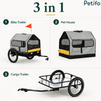 Three conversion modes showcasing the product utilized as a bike trailer, pet house, and flatbed cargo wagon.