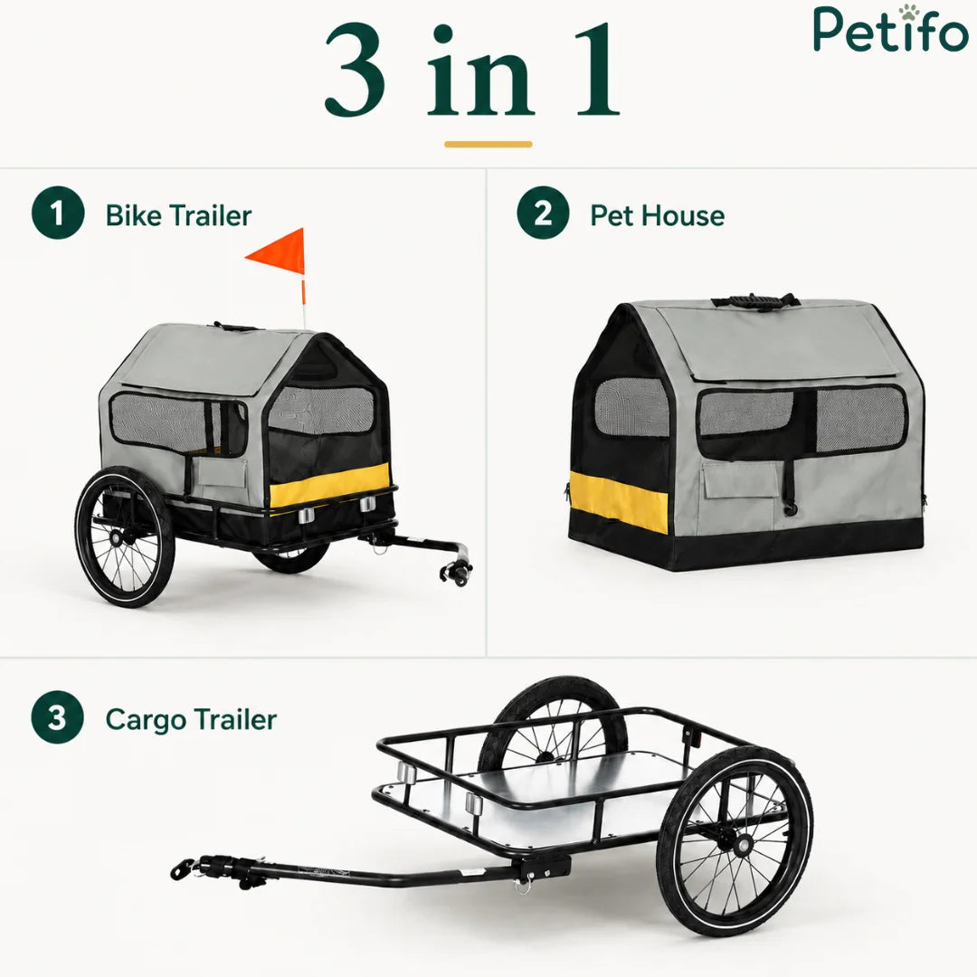 Three conversion modes showcasing the product utilized as a bike trailer, pet house, and flatbed cargo wagon.