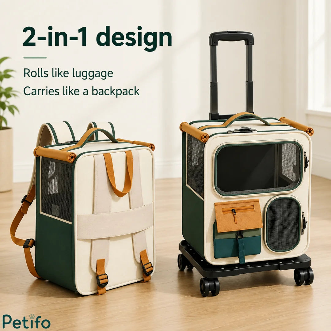 Promotional display showcasing the flexible 2-in-1 design of the pet carrier that converts from a rolling suitcase into a backpack.