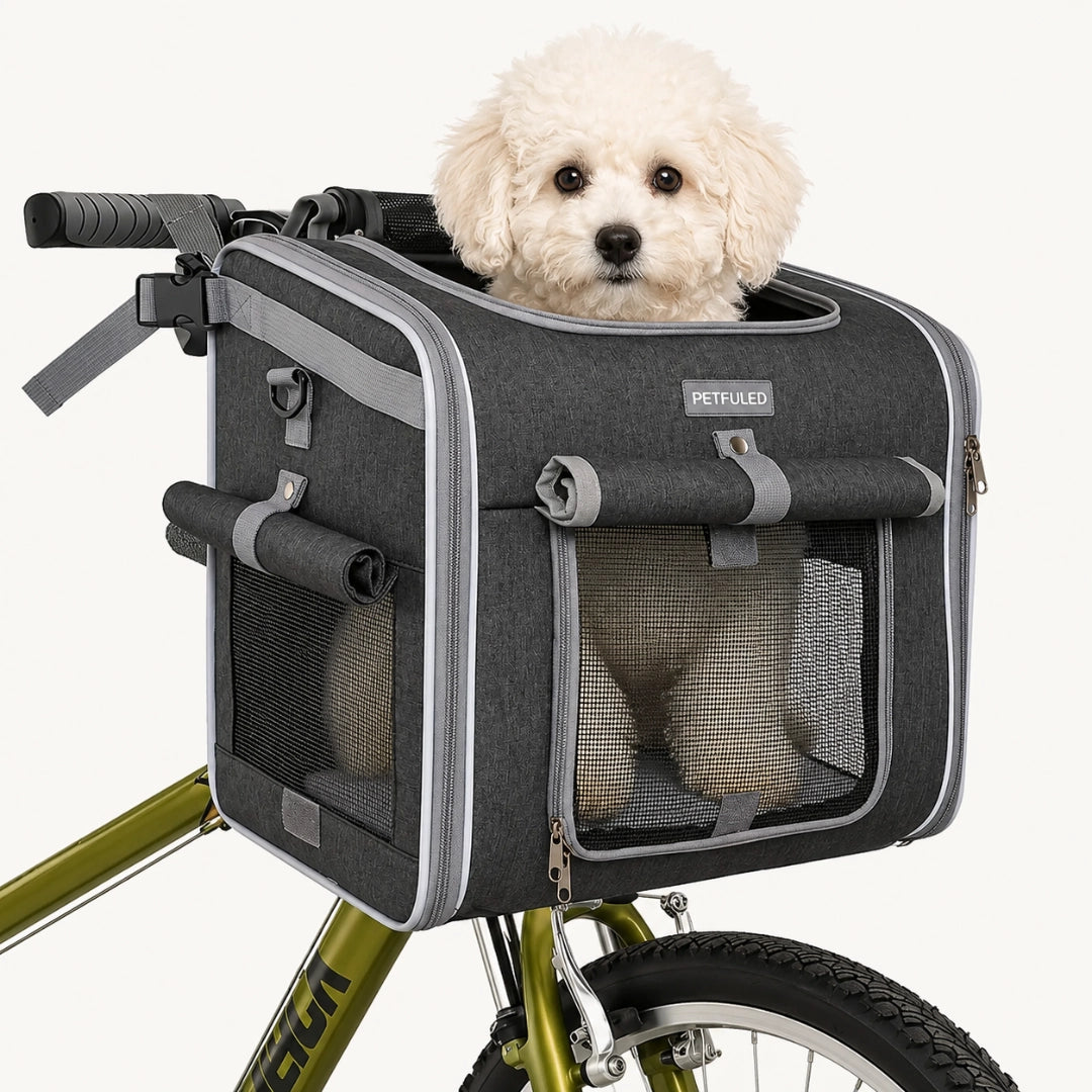 Fluffy white puppy sitting happily inside the Petfuled bicycle pet bag mounted on a green bike.