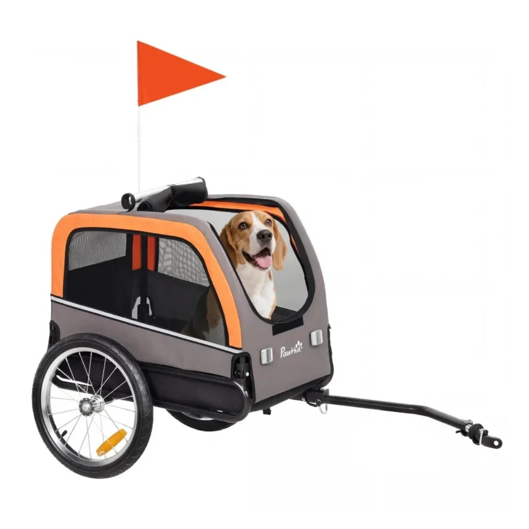 Grey and orange foldable bicycle pet trailer with mesh windows and a safety flag featuring a beagle looking out.