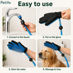 Four-step instruction guide demonstrating how to connect, put on, start, and use the pet grooming shower tool.