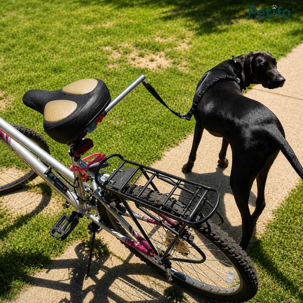 Golden retriever outdoors using the Petifo hands-free bicycle dog leash.