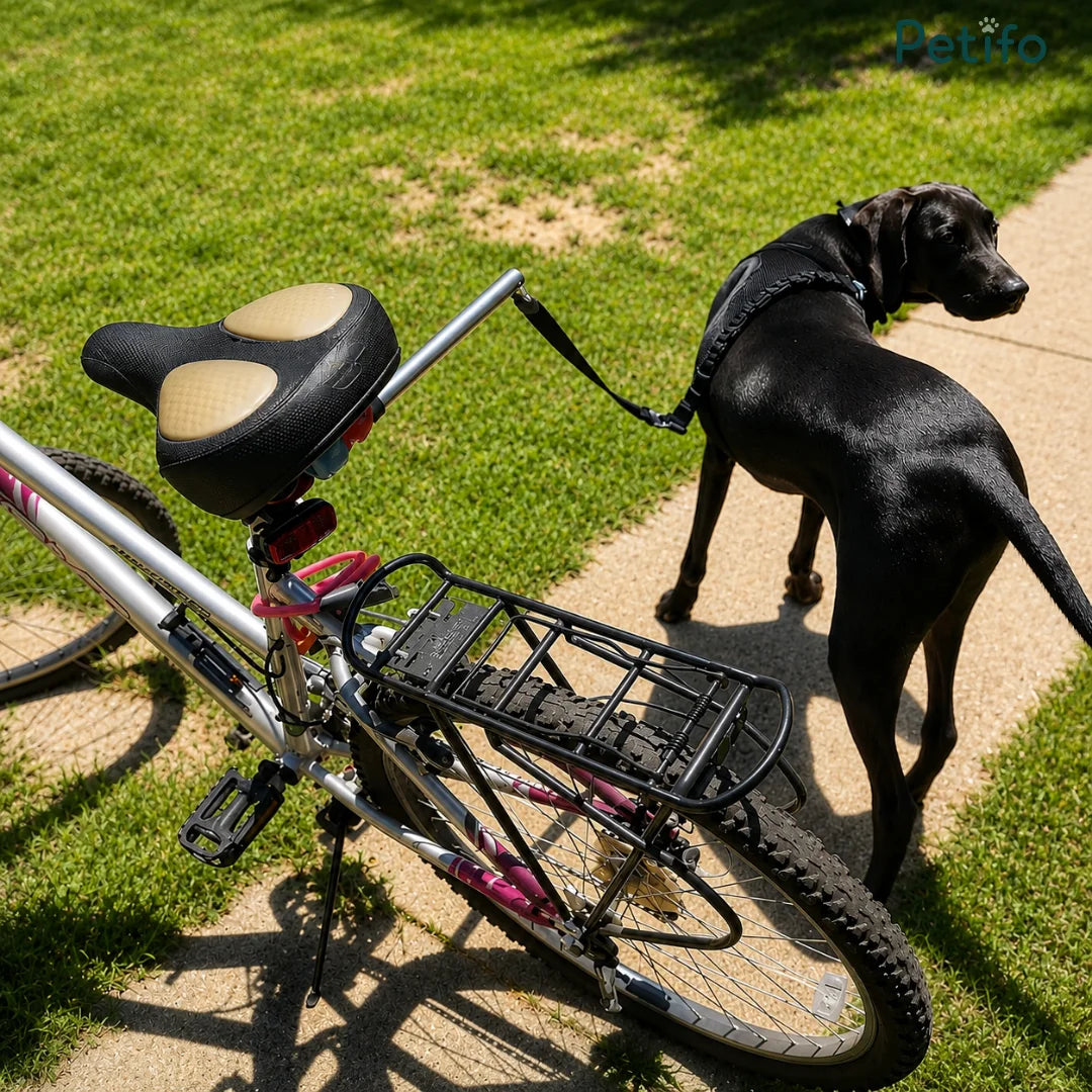 Golden retriever outdoors using the Petifo hands-free bicycle dog leash.