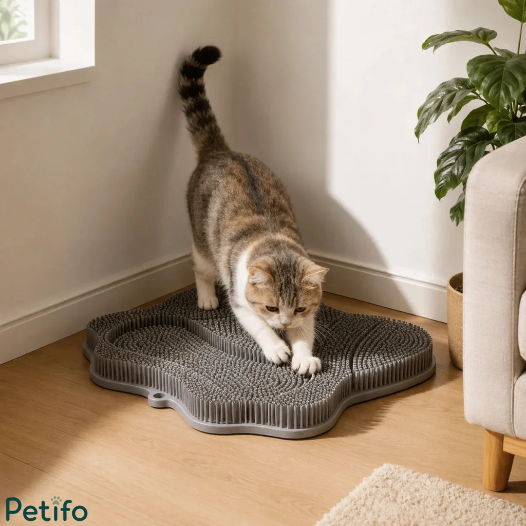 A cat stretching and scratching on a gray paw-shaped cat grooming and massage pad placed on a wooden floor near a wall.