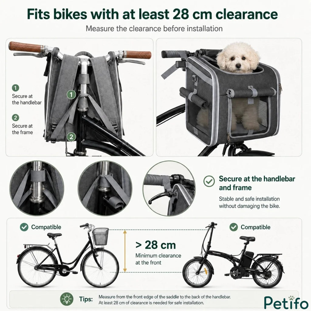 Promotional banner showcasing a pug riding in a grey bicycle bag with expandable side panels and adjustable mounting straps.