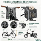 Promotional banner showcasing a pug riding in a grey bicycle bag with expandable side panels and adjustable mounting straps.