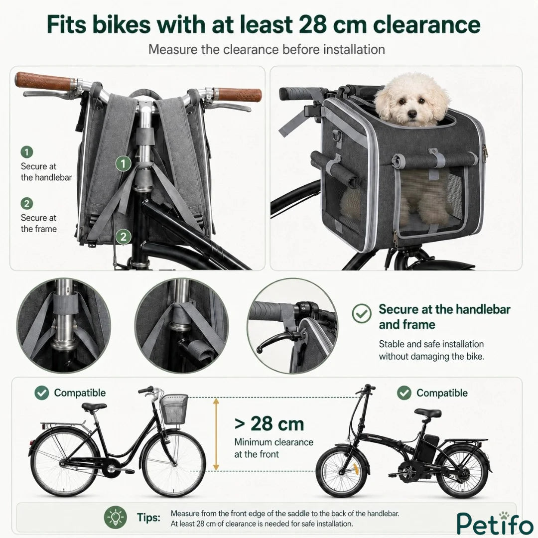 Promotional banner showcasing a pug riding in a grey bicycle bag with expandable side panels and adjustable mounting straps.