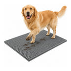 Golden Retriever standing on a super absorbent grey chenille dog mat designed to trap mud, dirt, and water.