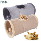Grey and beige plush cat tunnel options displayed alongside a playful kitten.
