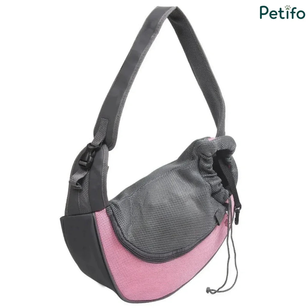 Stylish grey and pink breathable mesh hands-free pet sling carrier for small dogs and cats.