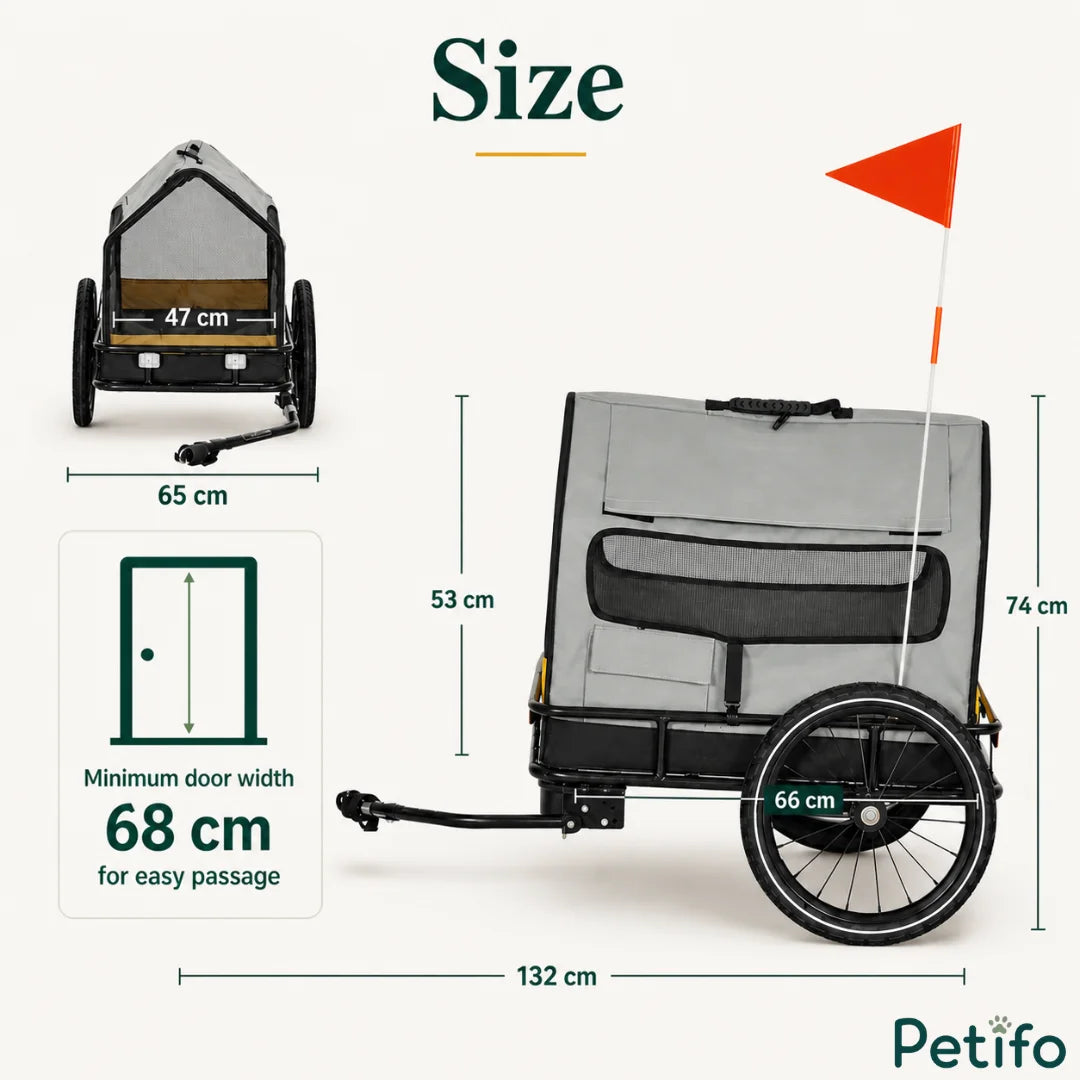 Comprehensive dimension diagram displaying the length, height, and door requirements of the grey and yellow pet trailer.