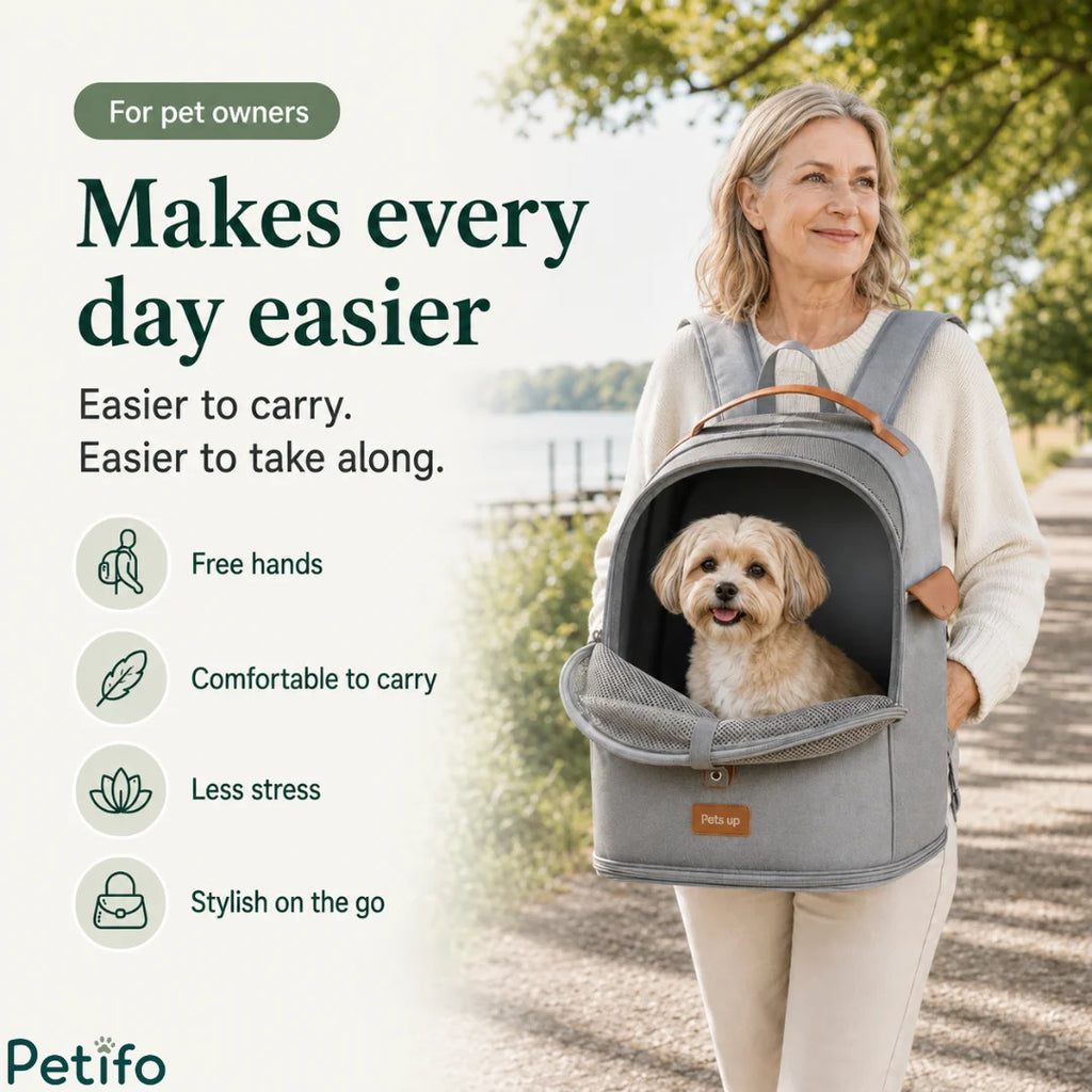 Promotional lifestyle banner highlighting the benefits of using a hands-free pet carrier backpack for everyday walks.