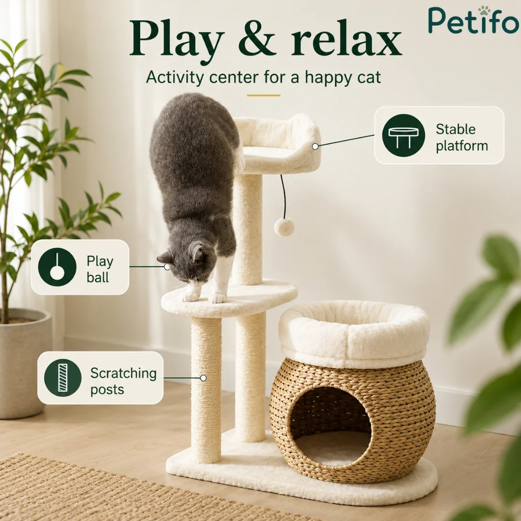 Detailed feature breakdown pointing out the stable top platform, hanging play ball, and durable sisal scratching posts.